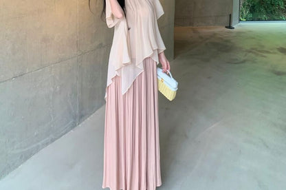 Chiffon Blouse & Midi A-Line Skirt Set - Puff Sleeve
