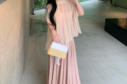 Chiffon Blouse & Midi A-Line Skirt Set - Puff Sleeve