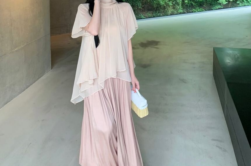 Chiffon Blouse & Midi A-Line Skirt Set - Puff Sleeve