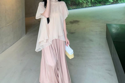 Chiffon Blouse & Midi A-Line Skirt Set - Puff Sleeve