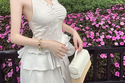 Striped Bow Halter Blouse & Midi Skirt Set