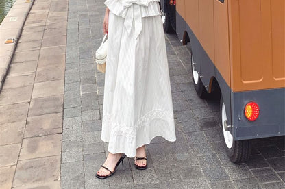 Striped Bow Halter Blouse & Midi Skirt Set