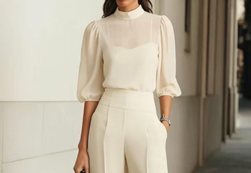 3/4-Sleeve Sheer Mock Neck Blouse & High-Waisted Wide Leg Pants Set
