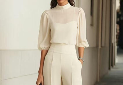 3/4-Sleeve Sheer Mock Neck Blouse & High-Waisted Wide Leg Pants Set