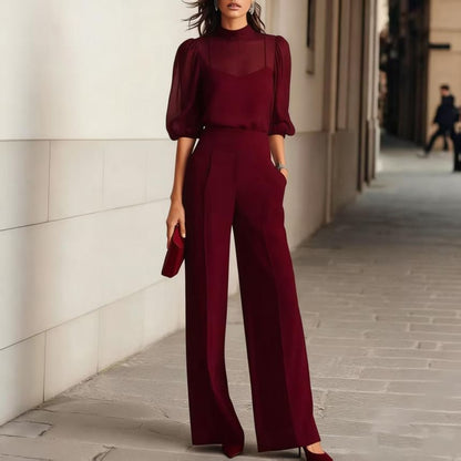 3/4-Sleeve Sheer Mock Neck Blouse & High-Waisted Wide Leg Pants Set