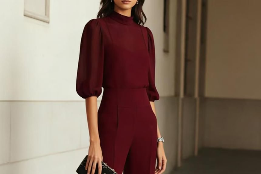 3/4-Sleeve Sheer Mock Neck Blouse & High-Waisted Wide Leg Pants Set
