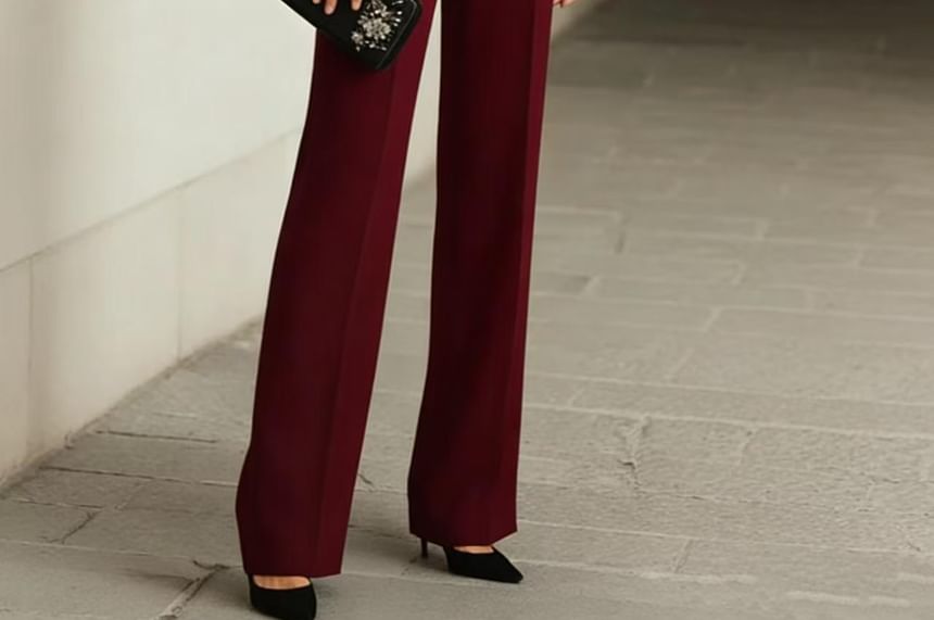 3/4-Sleeve Sheer Mock Neck Blouse & High-Waisted Wide Leg Pants Set