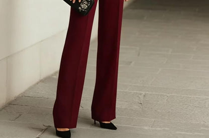 3/4-Sleeve Sheer Mock Neck Blouse & High-Waisted Wide Leg Pants Set