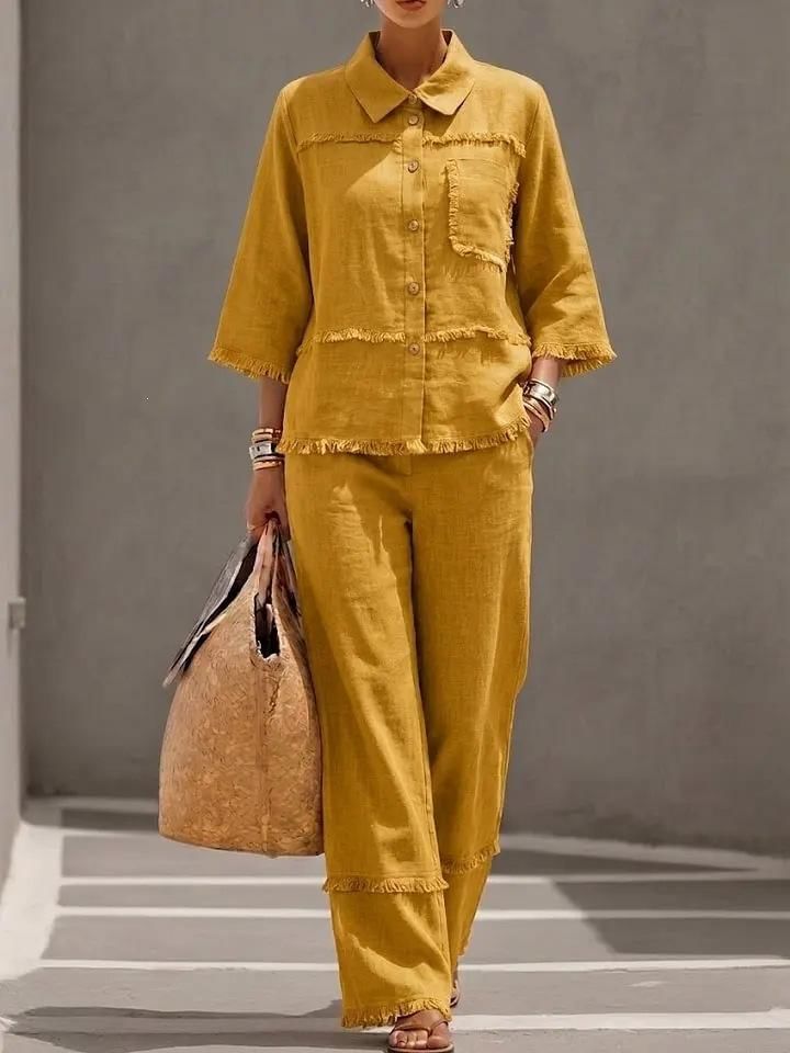 Collared Frayed Button-Up Blouse & High-Waisted Wide Leg Pants Set