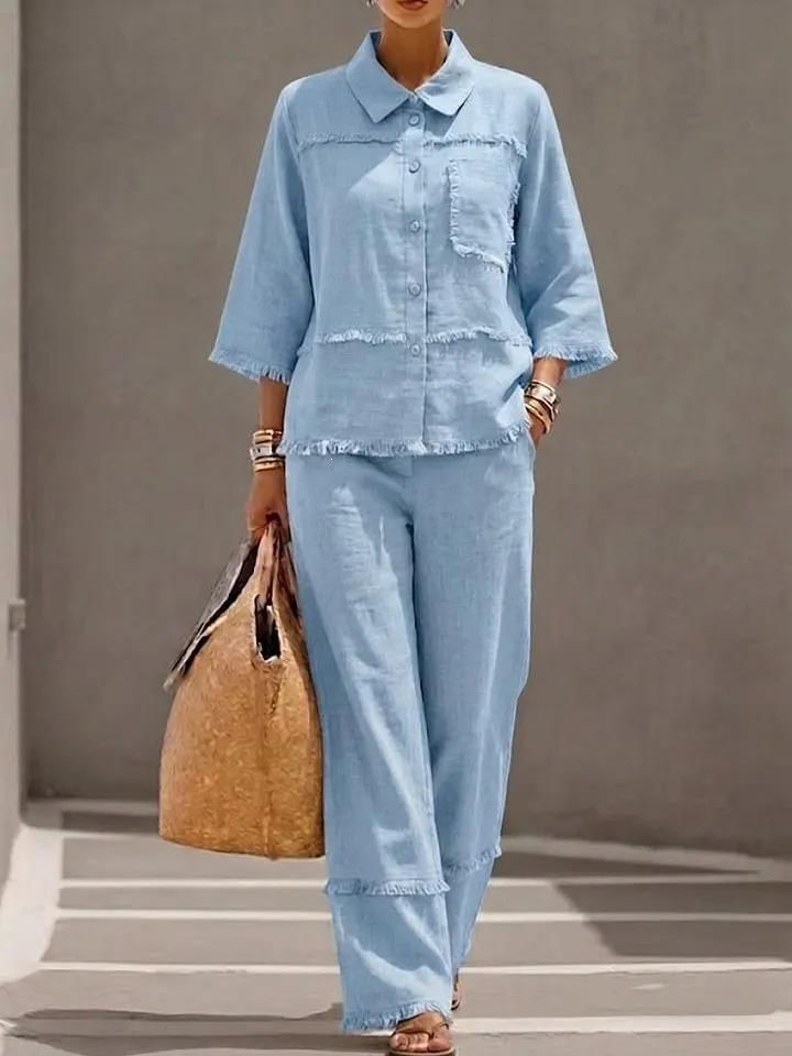 Collared Frayed Button-Up Blouse & High-Waisted Wide Leg Pants Set