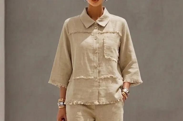 Collared Frayed Button-Up Blouse & High-Waisted Wide Leg Pants Set