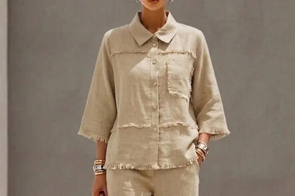 Collared Frayed Button-Up Blouse & High-Waisted Wide Leg Pants Set