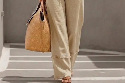 Collared Frayed Button-Up Blouse & High-Waisted Wide Leg Pants Set