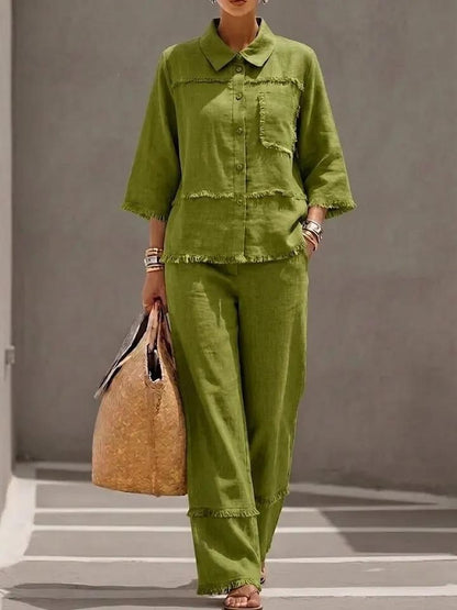 Collared Frayed Button-Up Blouse & High-Waisted Wide Leg Pants Set