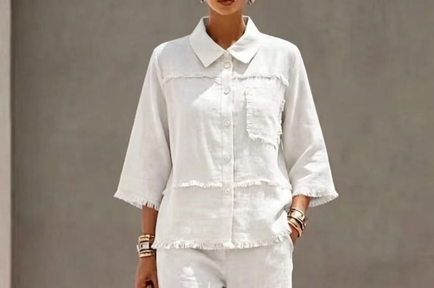 Collared Frayed Button-Up Blouse & High-Waisted Wide Leg Pants Set