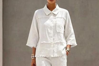 Collared Frayed Button-Up Blouse & High-Waisted Wide Leg Pants Set