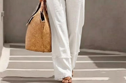 Collared Frayed Button-Up Blouse & High-Waisted Wide Leg Pants Set