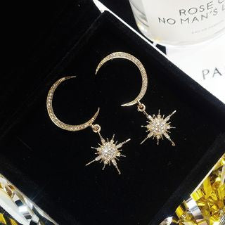 Rhinestone Drop Earring Star and Moon