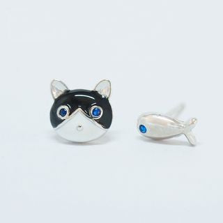 Sterling Earring Non-matching 925 Cat and Silver Fish