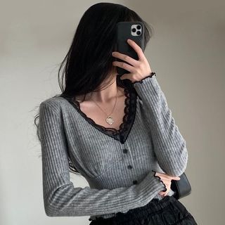 V-Neck Long-Sleeve Top with Lace Accent