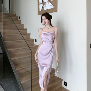 Thin Strap Ruched Slit Midi A-Line Dress