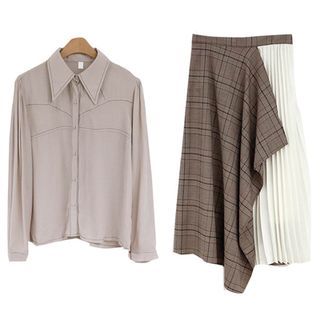Contrast Stitched Button Shirt with Plaid Asymmetrical Pleated Midi Skirt and Belt Set