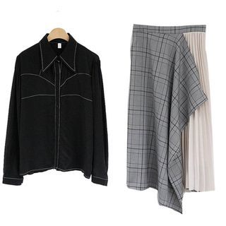 Contrast Stitched Button Shirt with Plaid Asymmetrical Pleated Midi Skirt and Belt Set