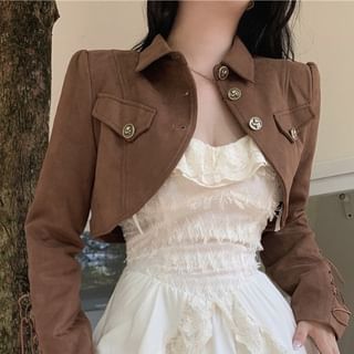 Button-Front Crop Jacket & Lace-Trim Layered A-Line Dress