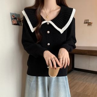 Collared Faux Pearl Button-Up Cardigan