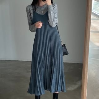 Pleated V-Neck A-Line Midi Dress