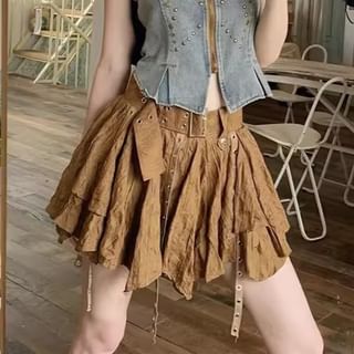 Studded Denim Crop Zip Vest with Asymmetrical Mini Skirt