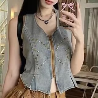 Studded Denim Crop Zip Vest with Asymmetrical Mini Skirt