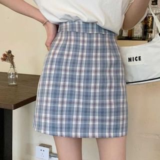 Plaid High-Waist Pencil Mini Skirt