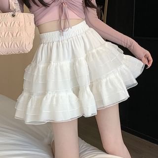 Plain High-Rise Tiered Mini Skirt