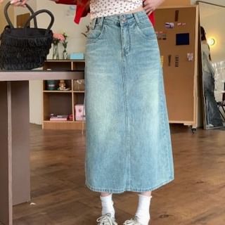 Washed Slit High-Rise Denim Midi A-Line Skirt