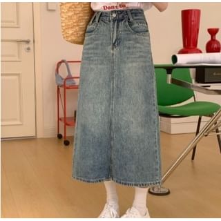 Washed Slit High-Rise Denim Midi A-Line Skirt