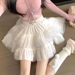 Balletcore Tiered Mesh Elastic-Waist Mini Skirt