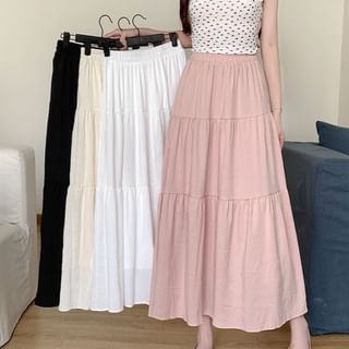 Tiered Maxi Flared Skirt with Elastic Waistband