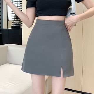 Slit High-Waist Plain Flared Mini Skirt