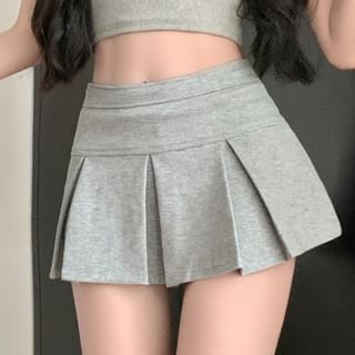 Pleated High-Waist Plain Flared Mini Skirt