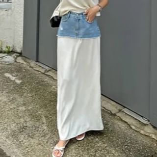 Distressed Washed Denim Panel Maxi Pencil Skirt with High Rise