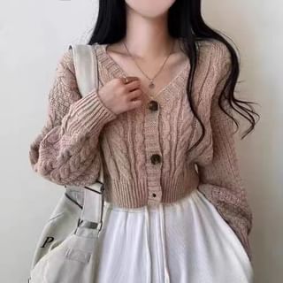 Cable-Knit Cropped V-Neck Cardigan