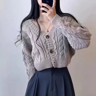 Cable-Knit Cropped V-Neck Cardigan