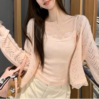 Lace Trim Knit Crop Camisole & Perforated Cardigan