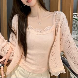 Lace Trim Knit Crop Camisole & Perforated Cardigan