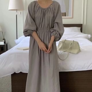 Long Sleeve Round Neck Ruched Cutout A-Line Maxi Dress
