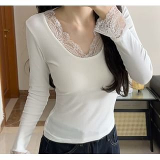 V-Neck Lace-Trimmed Simple Knit Tee