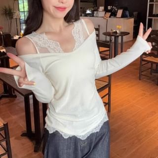 Mock Layered Lace Insert Fitted Long-Sleeve Top