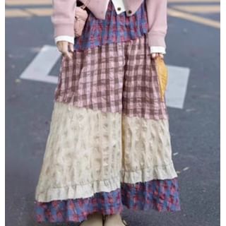 Plaid Patchwork Maxi Skirt / Two Tone Cardigan Set