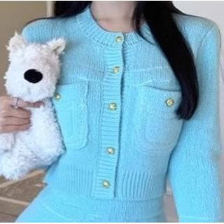 Crew Neck Cropped Pocket Cardigan / Mini Pencil Skirt
